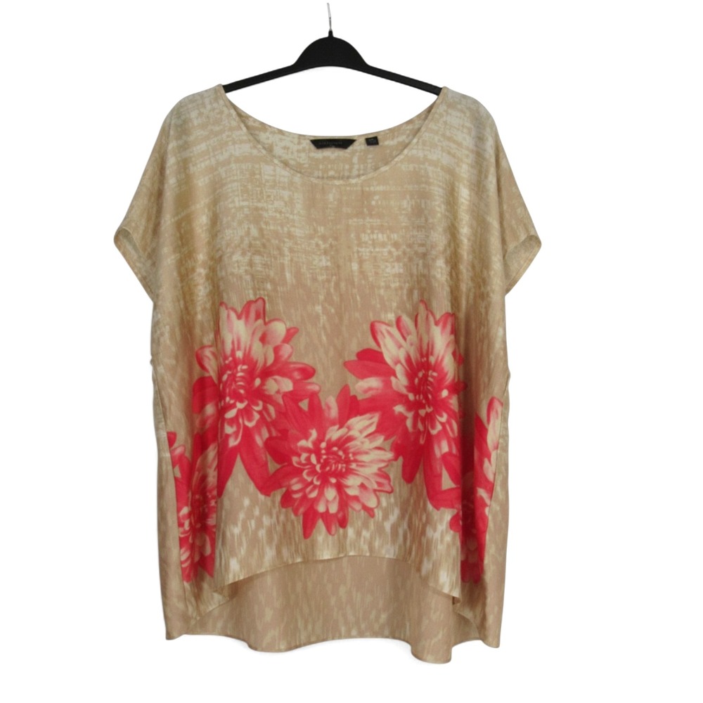 INVESTMENTS II Tan SATIN Cuff Sleeves FLORAL PRINT High-Low BLOUSE/TOP Sz 3X